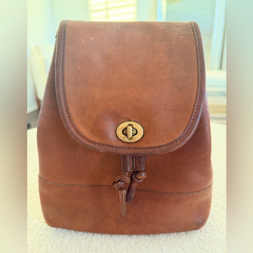 Coach Brown Leather Drawstring Backpack with Turnlock - Vintage